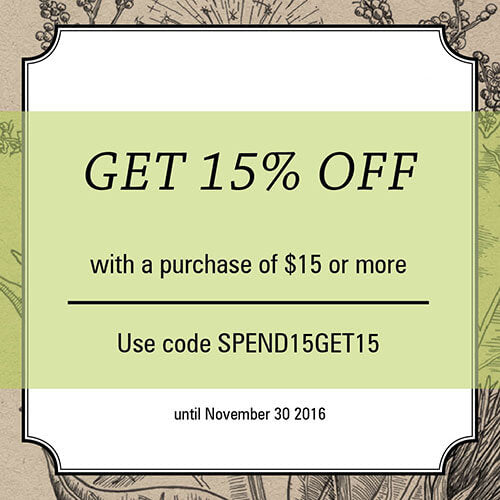 Get 15% off with a purchase of $25 or more. Use code SPEND15GET15